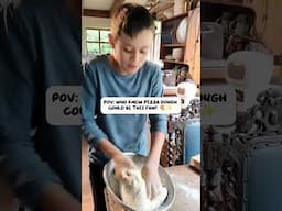 Kaeden’s making the pizza dough while I prep the rest for the gathering.#teamwork #funny  #FamilyFun