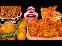 SUB| Sweet & Spicy Supreme Chicken, Black Bean Noodles, Beef Burger! 🍔 ASMR Mukbang Eating Show :)