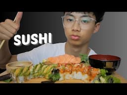 SUSHI Salmon Sashimi Caterpillar Roll with Red Dragon Roll and Miso Soup | N.E Let's Eat