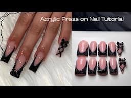 🖤GLITTER NAIL ART🖤 Black nails, black nail art, ribbon nail art, French tip, bow nails, maintenance