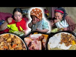 Pork Recipe with Rice || Village style pork cooking & eating in Village kitchen || Village food vlog