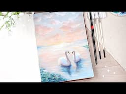 🦢 Swan Lake Gouache Painting Tutorial // Pastel Sunrise with Clouds