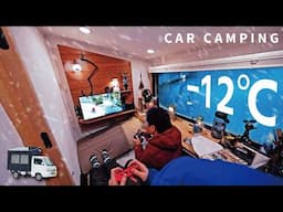 Danger! -12℃ is too cold to move. Games on a snowy mountain. Car camping