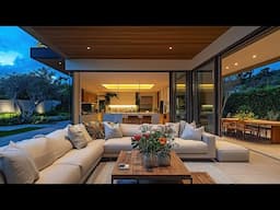 Eco Friendly Open Concept Living Room with Warm Wood and Garden Lounge