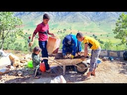 "Children's efforts to help their mother: plastering the house, cooking local food"
