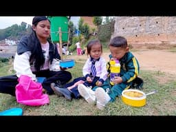 Ridam's school Tiffin time in the village || life in rural Nepal || @Ritarojan