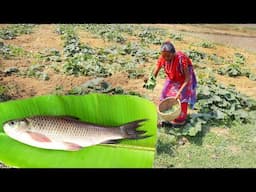 Santali tribe grand ma collect PUMPKIN LEAVES for making pakora And Fish curry cooking for lunch