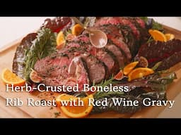 Herb-Crusted Boneless Rib Roast with Red Wine Gravy