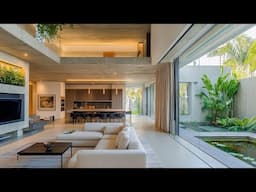 Modern Living Room Merging Brutalism and Minimalism with Seamless Indoor Outdoor Flow