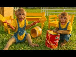 Smart monkey Bim Bim went to buy paint and repainted his wooden table and chairs