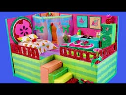 DIY Watermelon Miniature House 🍉 | Colorful Bedroom & Kitchen Made from Cardboard!