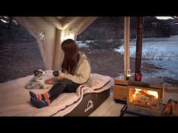 On a Snowy Lake, In a Cozy air tent, Relaxed Camping with my puppy | camping ASMR