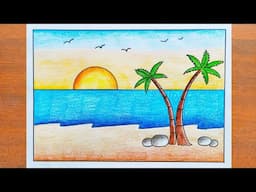 Summer Season Drawing / How to Draw Sea Beach Scenery Easy Step by Step / Beach Scenery Drawing