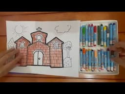 Color the picture of a church surrounded by rows of trees