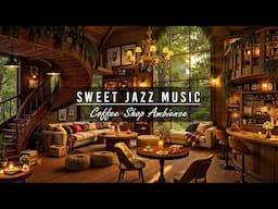 🌤️☕Early Morning Coffee Shop Ambience in Forest with Sweet Jazz Piano Music for Relax, Work, Study