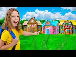 Nastya and friends in cardboard and fluffy schools