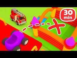 The small racing car needs help! The fire truck saves colorful racing cars at the construction site.